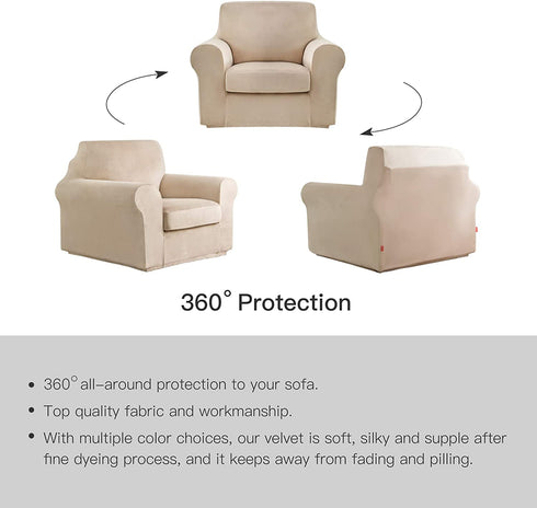 maxmill Velvet Stretch Chair Sofa Slipcovers 2 Pieces Armchair Covers Couch Slipcover with Individual Cushion Cover Plush Sofa Cover Furniture Protector with Elastic Bottom, Armchair, Taupe