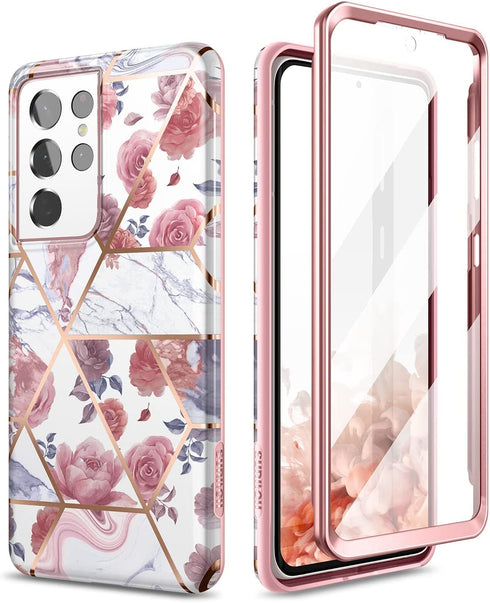 SURITCH Phone Case for Samsung Galaxy S21 Ultra 6.8 inches Slim Fit, Front Cover with Built-in Screen Protector Smooth Back Cover Full Body Protection Shockproof Bumper, Rose Marble