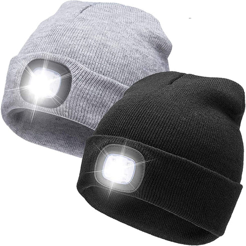 LED Lighted Beanie Cap, Rechargeable 4 LED Head Lamp Hat, Winter Warm Cycling Hunting Knitted Hat LED Lighted Cap Led Stocking Caps Hat Cap Hands Free Unisex Lighted Beanie Cap (2 Pack)