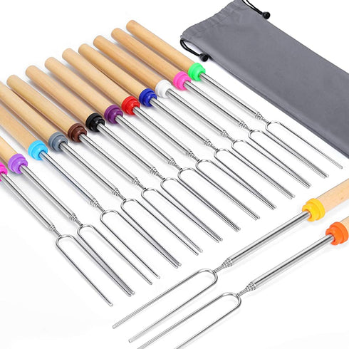 Kelfuoya 14 Pack Marshmallow Roasting Sticks 32Inch Extendable Sticks for Smores Wooden Handle Sticks Hot Dog Forks Marshmallow Skewers for Bonfire