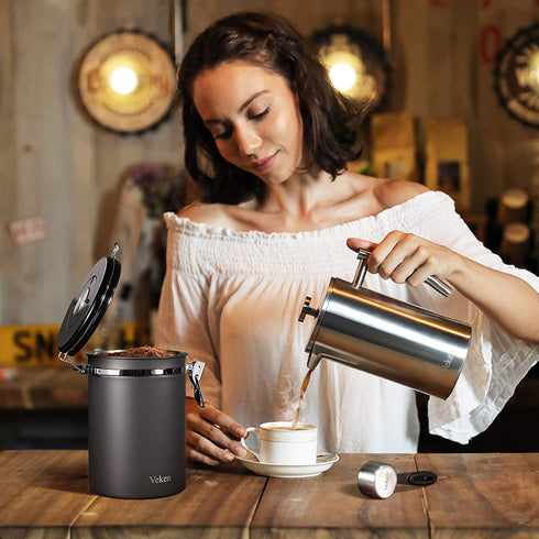 Veken Coffee Canister, Airtight Stainless Steel Kitchen Food Storage Container with Date Tracker and Scoop for Beans, Grounds, Tea, Flour, Cereal, Sugar, 22OZ, Gray