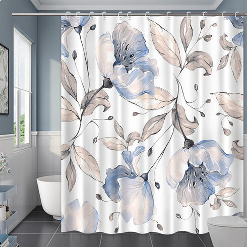LORIE Blossoming Bluish Hibiscus Shower Curtain White Background Waterproof Fabric Bath Curtain Home Bathroom Bathtubs Decor