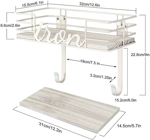 TJ.MOREE Ironing Board Hanger Wall Mount - Laundry Room Decor Iron and Ironing Board Holder, Metal Wall Mount with Large Storage White Wooden Base Basket and Removable Hooks (White)