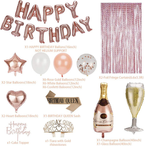 Rose Gold Birthday Decorations Party Supplies Kit - Happy Birthday Balloons Banner,Cake Topper,Birthday Tiara & Sash,Foil Fringe Curtains,Tablecloth for Girls and Women Birthday Party (Any Age)