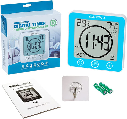 GXSTWU Digital Timer Shower Clock Waterproof?Waterproof for Water Spray? with Alarm, Bathroom Kitchen Wall Clock, Touch Screen Timer, Thermometer Hygrometer Suction Cup Hanging Hole Stand Magnet Blue
