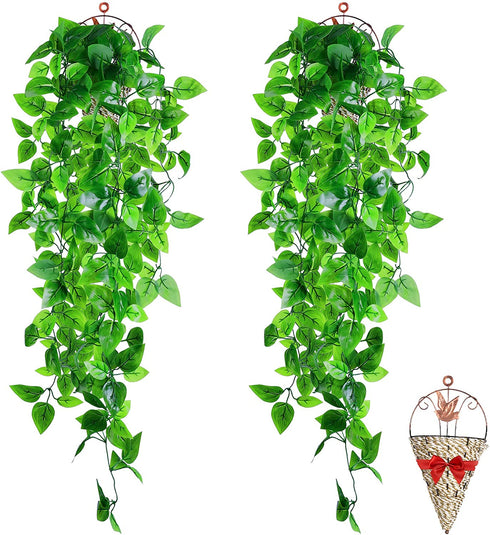 BABEIYXM Artificial Hanging Plants 2pcs Set,3.6 Feet Fake Hanging Plants Artificial Ivy Fakev Leaves,Suitable for Wall Indoor Outdoor Garden Wedding Decoration (with Basket)