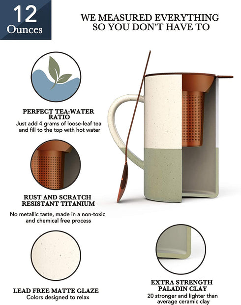 Mora Ceramics Tea Cup with Loose Leaf Infuser, Spoon and Lid, 12 oz, Microwave and Dishwasher Safe Coffee Mug - Rustic Matte Ceramic Glaze, Modern Herbal Tea Strainer - Great Gift for Women, Limestone