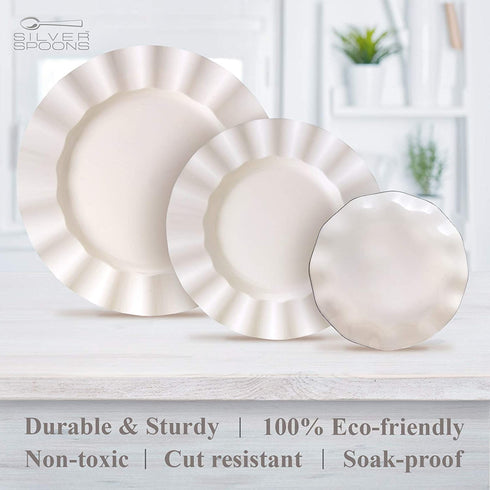 PARTY DISPOSABLE 30 PC DINNERWARE SET | 10 Dinner Plates | 10 Salad Plates | 10 Dessert Plates | Heavyweight Plastic Dishes | Fine China Look | Upscale Wedding and Dining (Veil Collection - Ivory)