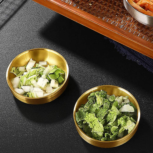 4PCS Double-Deck Mini Stainless Steel Sauce Dish, Round Seasoning Bowls, Sushi Dipping Pinch Bowl Saucers, Salad Dressing Plates for Appetizer, Side Dish, French Fries, Ketchup (3.5oz, Gold)