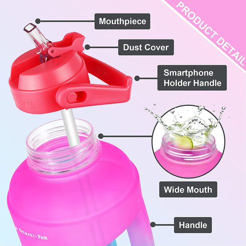 BuildLife Half Gallon Water Bottle - BPA Free Leakproof Water Jug Gradient Motivational Time Marker with Straw & Phone Holder Handle to Remind You Drink More Water