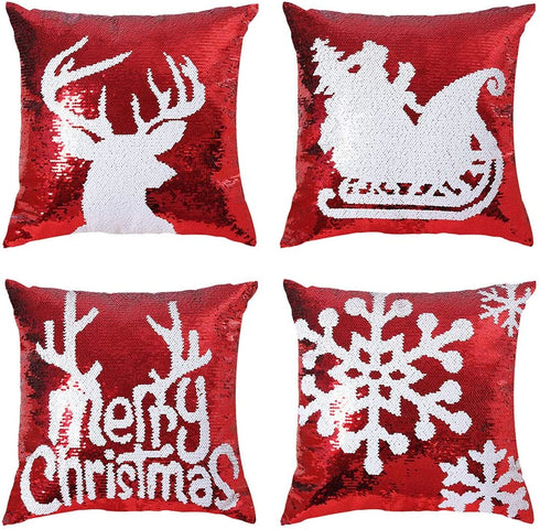 Coeufuedy Christmas Sequin Pillow Covers 18 x 18 Inch Reversible Red Sequins Pillow Case Sparkly Magic Mermaid Throw Decorative Pillowcase (Red-4 Pieces)