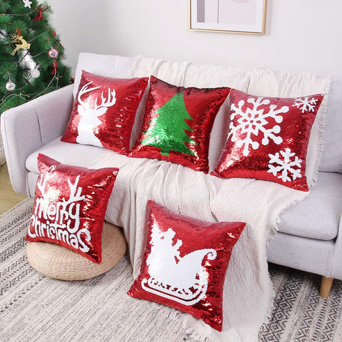 Coeufuedy Christmas Sequin Pillow Covers 18 x 18 Inch Reversible Red Sequins Pillow Case Sparkly Magic Mermaid Throw Decorative Pillowcase (Red-4 Pieces)