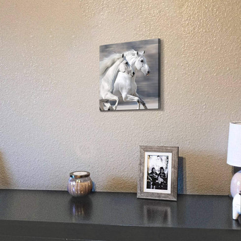 Hardy Gallery White Horse Picture Wall Art: Running Animal Artwork Painting Print on Wrapped Canvas for Bedroom (12'' x 12'')