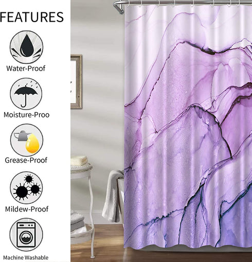 Abstract Purple Shower Curtain Ombre Purple Marble Lilac Luxury Art Modern Bathroom Shower Curtains Fabric Waterproof with Hooks, 72x72 inches