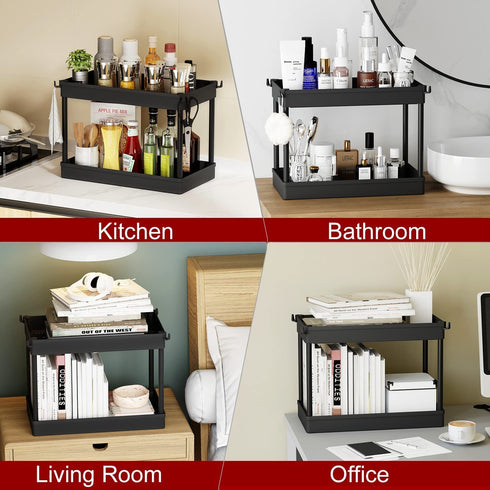 Under Sink Organizer and Storage, DUSASA 2-Tier Under Bathroom Sink Organizer Bath Collection Basket with 4 Hooks,Under Sink Shelf Organizer Rack,Multi-purpose Under Sink Storage for Bathroom