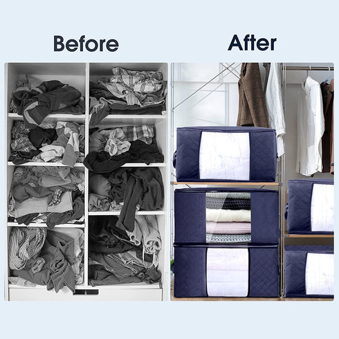 Huryfox 4 Pack Blanket Storage Bags Fabric Clothing Container Large Capacity Comforter Organizer with Reinforced Handle and Label Slots Foldable Clothes Bin for Organizing Closet