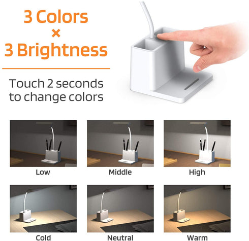 LED Desk Lamp with Pen Holder, AXX Desk Light for Computer/Desktop - White, Rechargeable, Eye-Caring, Flexible Gooseneck - Bedside Table Lamp for Reading, Small Study Lamp for Kids, Home, Office, Dorm