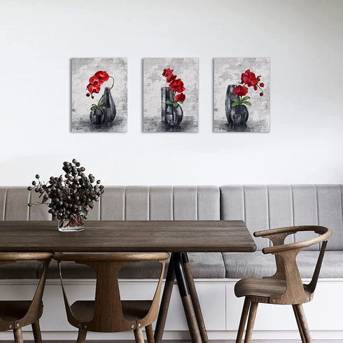 EBENG Flower Wall Decor for Living Room Bathroom Bedroom Kitchen Office Canvas Art Farmhouse Modern Framed Paintings Artwork Home Prints with Wood Fram Size 3 Pieces 12x16 in, Black and Red