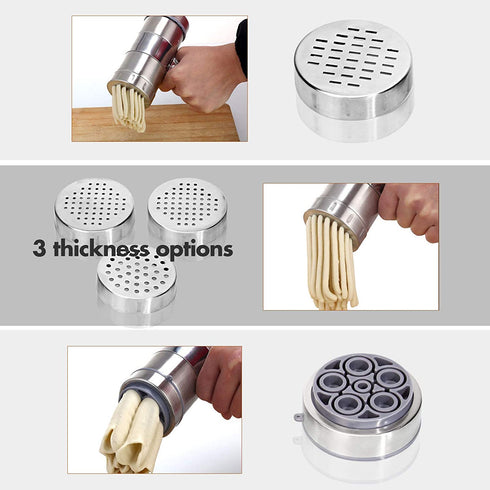 Manual Noodle Pasta Maker Spaghetti Kitchen Tool Stainless Steel Press Machine Press Machine Pasta Maker with 5 Noodle Mould Fruit Juicer Squeezer (18.5x14cm)