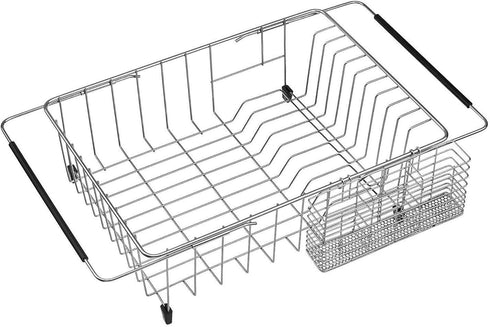 SANNO Large Expandable Dish Drying Rack with Utensil Cutlery Holder Sink Dish Rack, Deep Large Dish Drainer Dish Rack in Sink On Counter, Stainless Steel