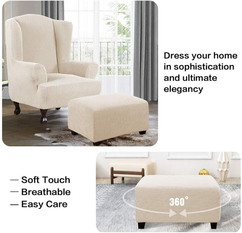 Ottoman Cover Slipcover Rectangle Fit Length 33"-38" Footrest Sofa Slipcovers Stool Cover Footstool Protector Covers Feature Stretch Thick Soft Jacquard Fabric Removable Washable - Natural