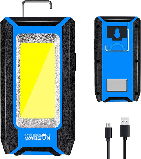 WARSUN LED Work Light Rechargeable, Magnetic COB Portable Worklights, 40w 1500 Lumens,Metal Hanging Hook 3 Lighting Modes, Job Site Lighting for Car Repairing,Camping,Hunting (Blue)