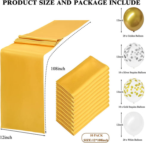 10 Pack Satin Table Runner for Wedding 12 x 108 Inch Gold Silky Wedding Table Runner for Rectangle Round Tables with 60 Pack Balloons for Thanksgiving Day Birthday Party Banquet Engagements Decoration