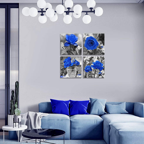 Blue Rose Flower Wall Art Paintings Wall Art Paintings Floral Prints on Black and White Canvas Wall Decoration Framed for Bathroom Bedroom Decor Artwork 4- Panel 14x14 Inch