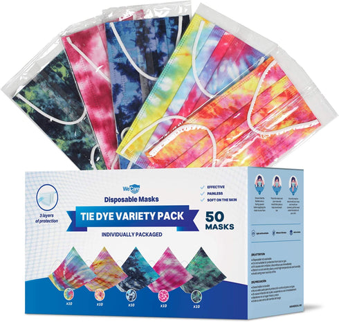 WeCare Disposable Face Mask Individually Wrapped - 50 Pack, Printed Masks - 3 Ply