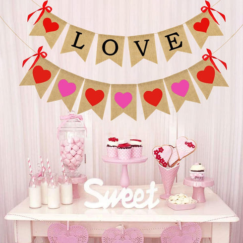 Valentines Day Decorations, Burlap Love Banner with Heart Garland Valentine's Day Banner for Wedding Anniversary Engagement Decorations, No DIY