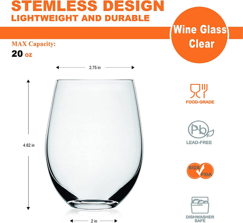 LUXU Stemless Wine Glasses(Set of 4)-20 oz,Crystal Wine Cups for Red or White Wine,Large Water Juice Glasses,No Stem Glass Beverage Cups,Clear Drinking Tumblers for Any Occasion