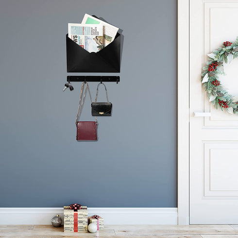 Metal Mail Envelope Holder Wall Mounted Hanging Envelope Decor Mail Organizer Holder and a Row Hook for Home Or Office