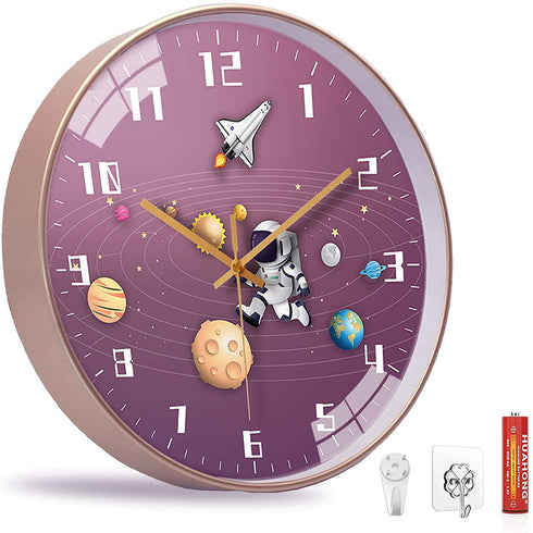 QINFIEY 12 Inch Silent Movement Kids Wall Clock, Non Ticking Children Round Wall Clock Battery Operated Space Travel Style Decor Children Clock for Home School Girls Bedroom Living Room (Pink)
