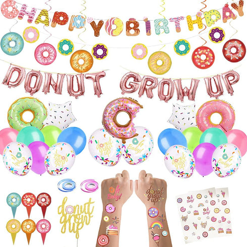 CNsoyee Donut Grow Up Party Decoration Kit, Donut Party Supply with Tattoo Sticker Banner Latex Foil Confetti Balloon Swirl Cake Topper Happy Birthday Garland