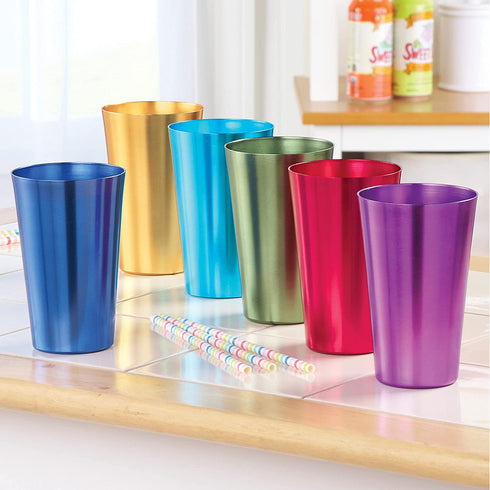 Colorful Retro Style Aluminum Rainbow Tumblers - Set of 6 - Great for Parties or Everyday Use - Vibrant Jewel Tones - Holds 16 oz. - 3.25" Dia x 5.25"H