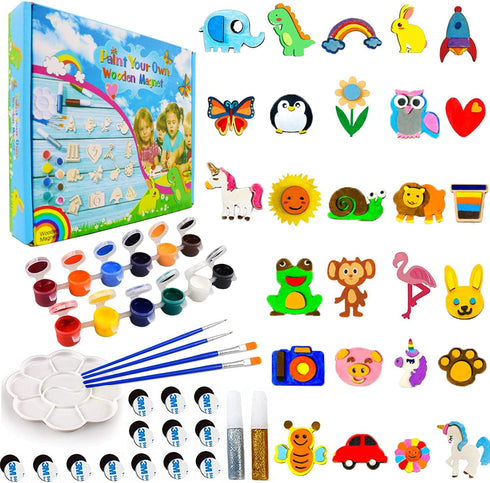 CHOKMAX Paint Your Own Wooden Magnet, 30pcs Fridge Wood Magnets Craft and Art Painting Supplies for Kids Best DIY Creativity Gifts Party Favors for Boys and Girls Age 4-8