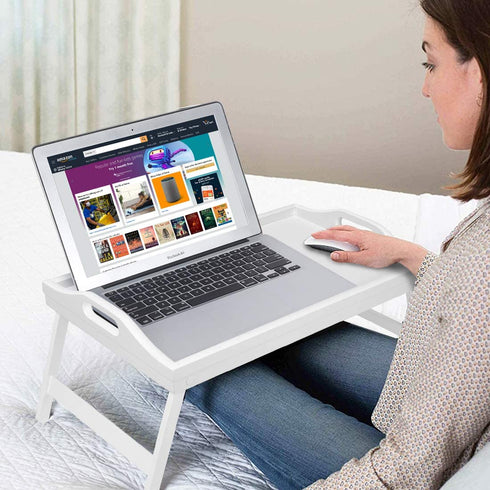 Breakfast Tray Table with Folding Legs Serving Tray Bamboo Dinner Trays for Platter Laptop Desk Bed Table Kitchen Serving Tray Snack Trays Large Size(Milky White)