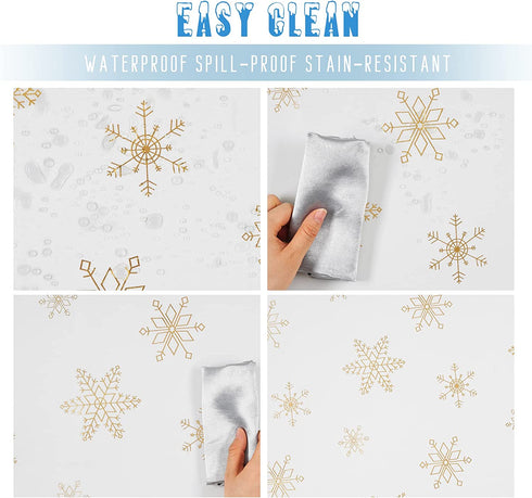 Christmas Tablecloth, Gold Snowflake Table Cloth, Xmas Sparkling Metallic Tablecloths for Dining Kitchen Winter Holiday, Waterproof Table Cover for Party Home Decor, Rectangle 57 x 120 inch