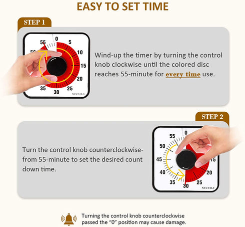 Secura 60-Minute Visual Countdown Timer, 7.5-Inch Oversize Classroom Visual Timer for Kids and Adults, Durable Mechanical Kitchen Timer Clock with Magnetic Backing (Red)