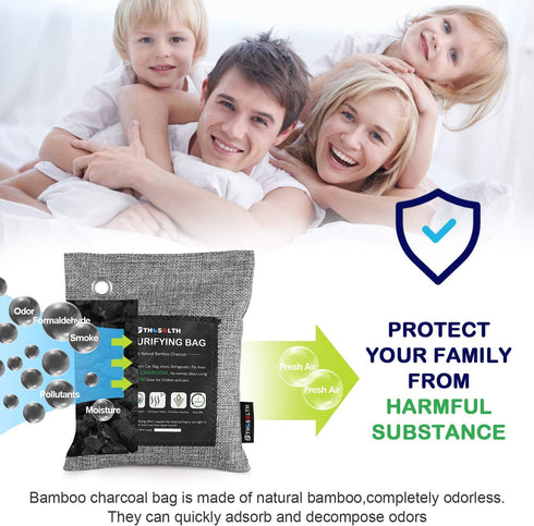 Bamboo Charcoal Air Purifying Bag(4 Packs*200g & 4 Hooks),Activated Charcoal Bags Odor Absorber-Nature Fresh Air Purifier,Closet Deodorizer Freshener,Odor Eliminator for Home,Car,Pet,Basement.