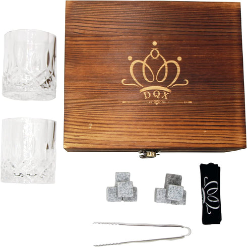 Whiskey Glasses and Stones Gift Set for Men, Whiskey Lover, Birthday, Anniversay, Retirement and Christmas. 2 old Fashiones Rock Glasses+ 8 Granite Chilling Rocks+Tongs+ Wooden Box