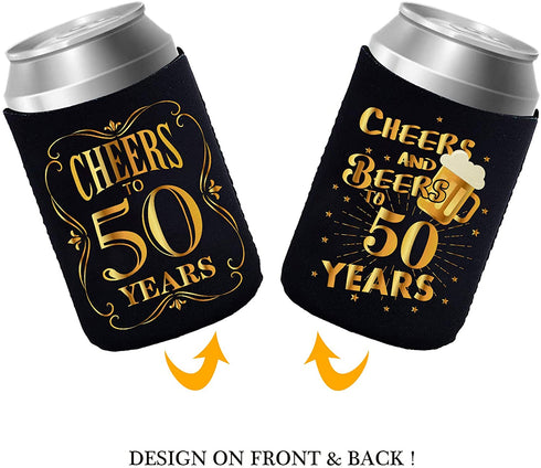 JOELELI 50th Birthday Party Decorations Can Cooler Sleeves, Neoprene Can Sleeves for Beer - 50th Anniversary Decorations and Birthday Gift for Men & Women, Black & Gold (12 Pcs)