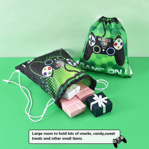 Video Game Party Loot Bags - 12 Pack 10'' x 12'' Game On Theme Gifts Bags for Kid Boys Drawstring Backpack Goodie Candy Favor Bags Birthday Party Supplies