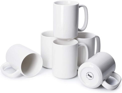 Sweese 608.001 Porcelain Mugs Set, 15 Ounce Large Handle Mugs, Set of 6, White
