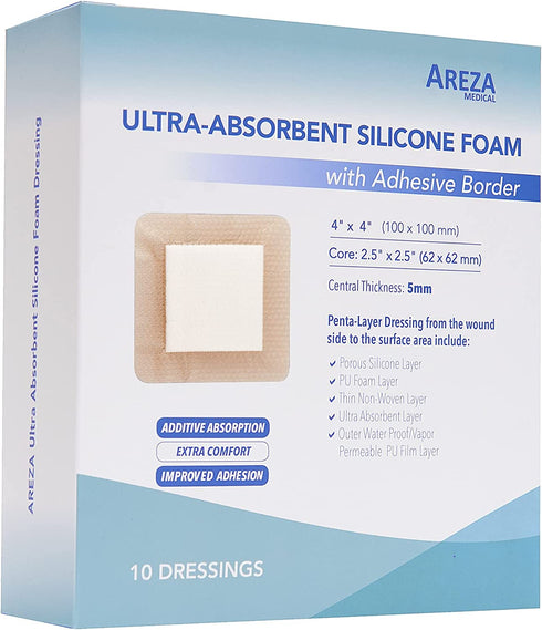 Ultra-Absorbent Silicone Foam Dressing with Border (Adhesive) Waterproof 4" X 4" (10 Cm X 10 Cm) (Central Ultra-Absorbent Foam 2.5" X 2.5") 10 Per Box (1) Wound Dressing by Areza Medical