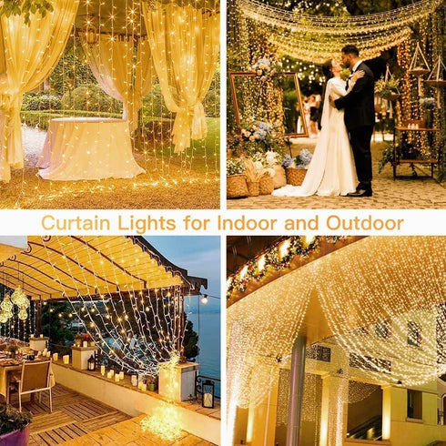 Ollny Curtain Lights LED Curtain Fairy Lights Outdoor, 6.6FT 8 Lighting Modes Window Wall Hanging String Lights Warm White with USB and Remote for Christmas Indoor Bedroom Wedding Party Easter Garden