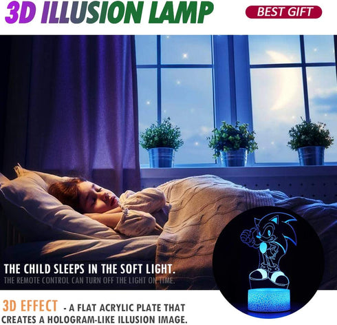 3D Sonic The Hedgehog Night Light, Table Lamp with Remote Control Kids Bedroom Decoration, Creative Lighting for Kids and The Hedgehog Fans
