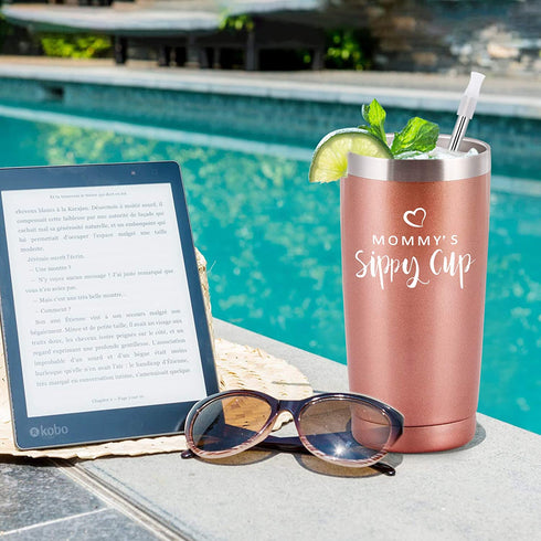 Mommy's Sippy Cup Travel Tumbler with Lids, Mom Birthday Christmas Gifts for Mom New Mom Mother Wife Women Mothers Day Thanksgiving Day, 20 Oz Insulated Stainless Steel Stemless Tumbler, Rose Gold
