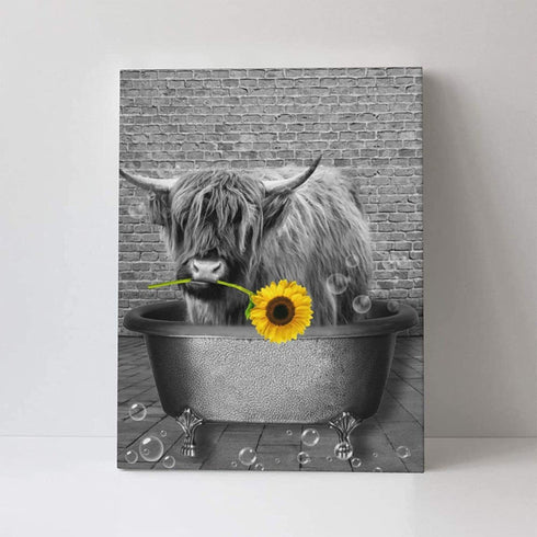 NIALLIAZ Cow Sunflower Canvas Wall Art Funny Animal And Bathing In The Bathtub Decor Black White Pictures Giclee Print Modern Artwork Paintings For Living Room Bedroom Bathroom, 12 X 16 inch