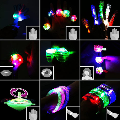 82PCs LED Light Up Toy Bulk Party Favors, Glow in The Dark Party Supplies for Boy Girl with 50 Finger Light,6 Jelly Ring, 6 Glasses,5 Spinning Top, 3 Bracelet,3 Hairpin, 3 Whistle, 3 Clap Laxdacee